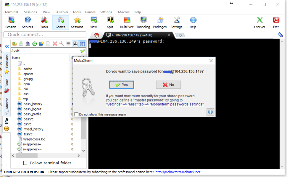 Type password and save it in Mobaxterm.